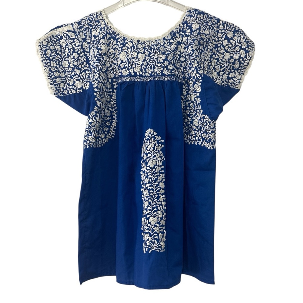 Embroidered Short Sleeve Tunic Top in Royal Blue and White